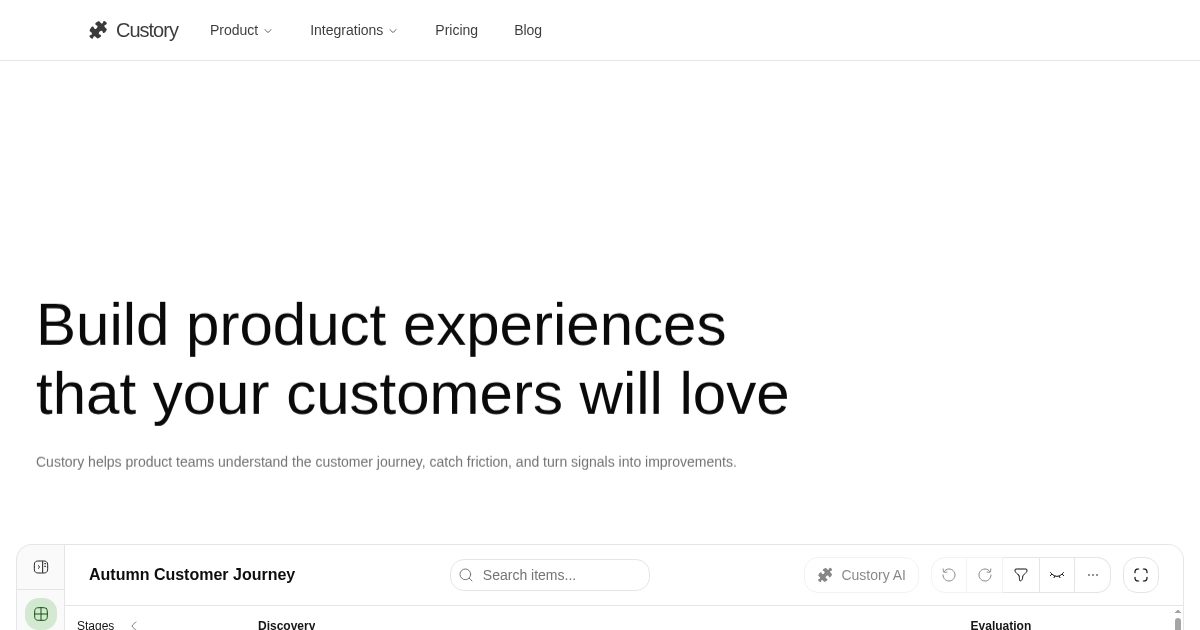 Custory product interface showing a customer journey workspace with connected signals, opportunities, automations, and product work.